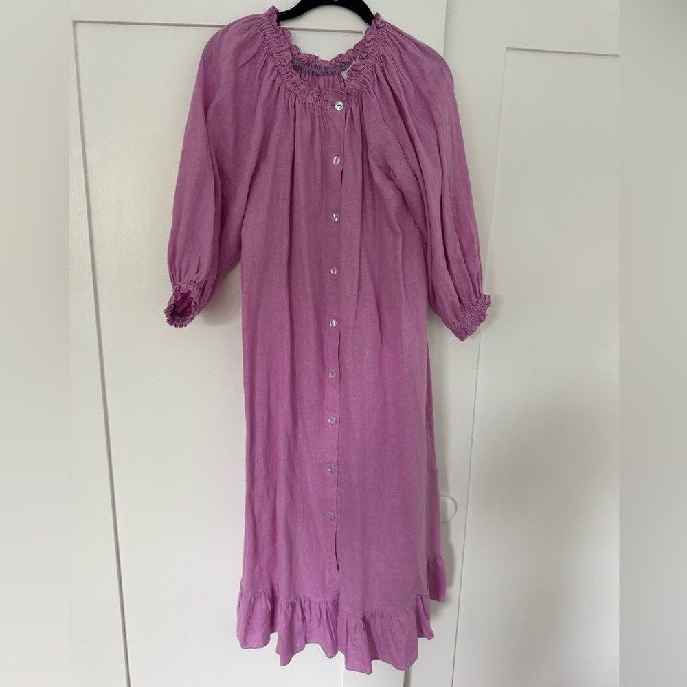 Sleeper Pink Linen Long Sleeve Dress